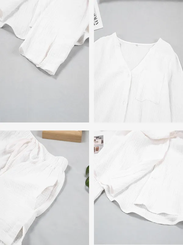 2Pcs V Neck Gauze Button Down Loungewear