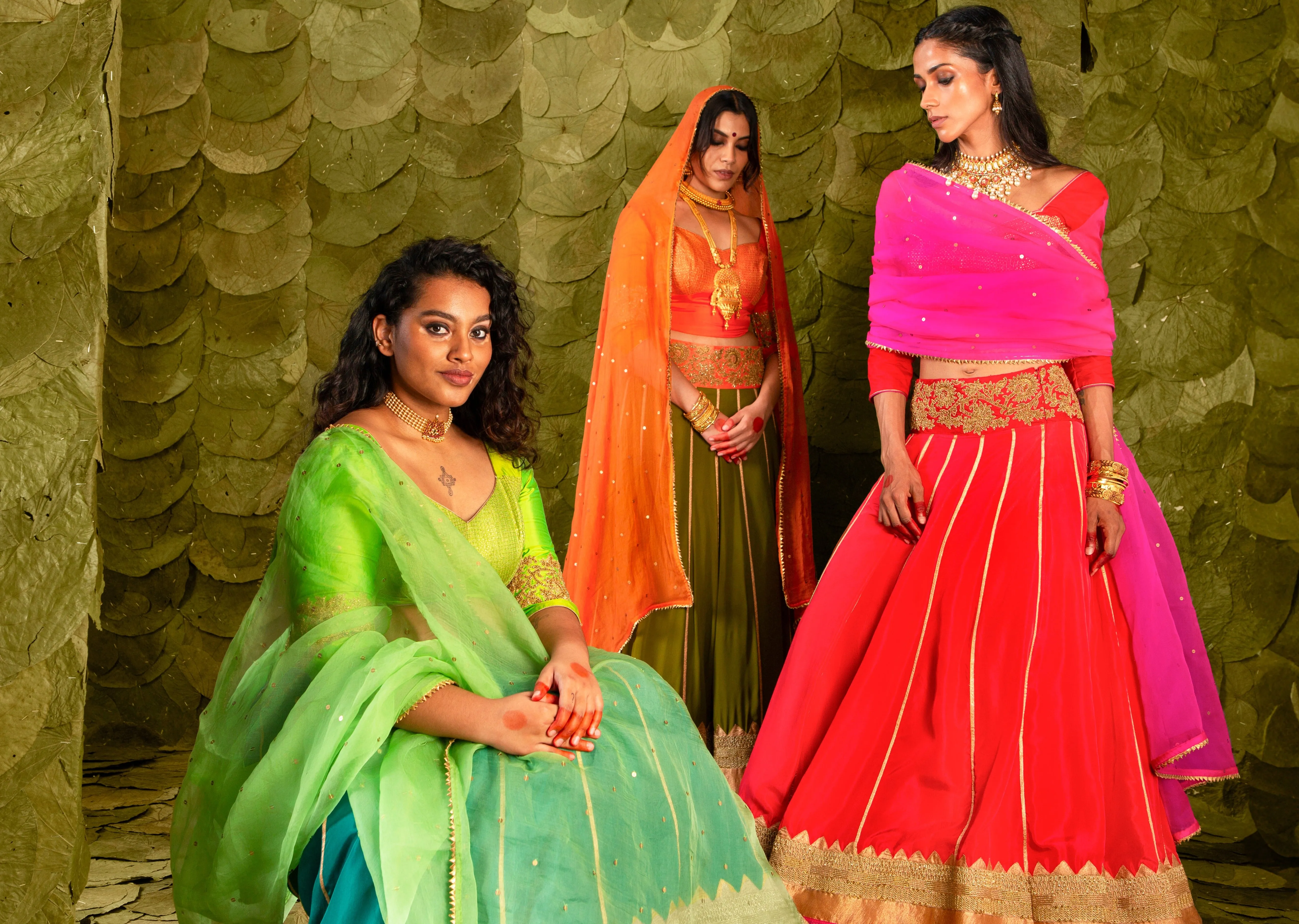 Akka (ಅಕ್ಕ) Lehenga in Shocking pink, Crimson Red and Jalapeno Red