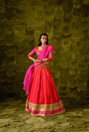 Akka (ಅಕ್ಕ) Lehenga in Shocking pink, Crimson Red and Jalapeno Red