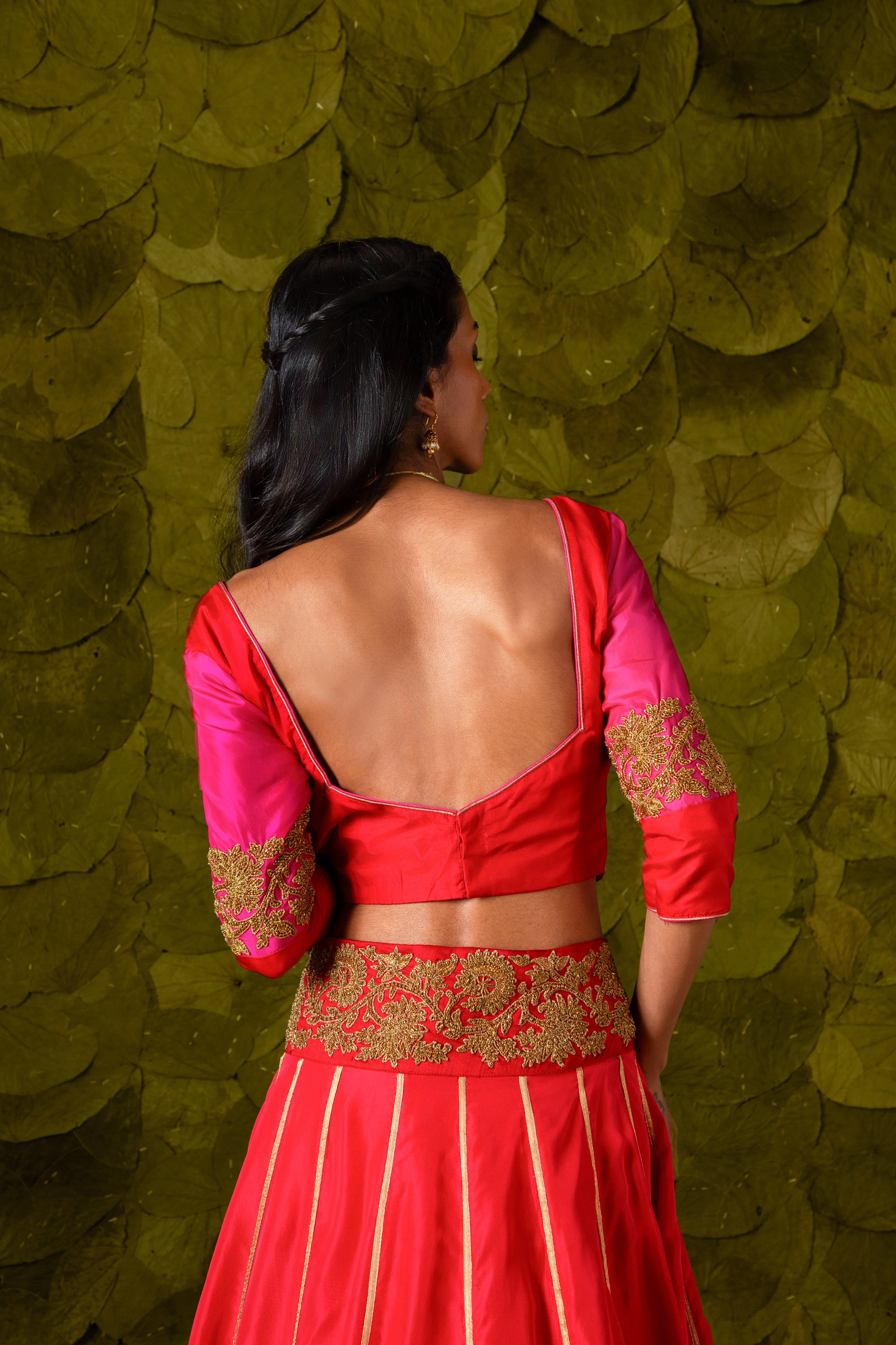 Akka (ಅಕ್ಕ) Lehenga in Shocking pink, Crimson Red and Jalapeno Red