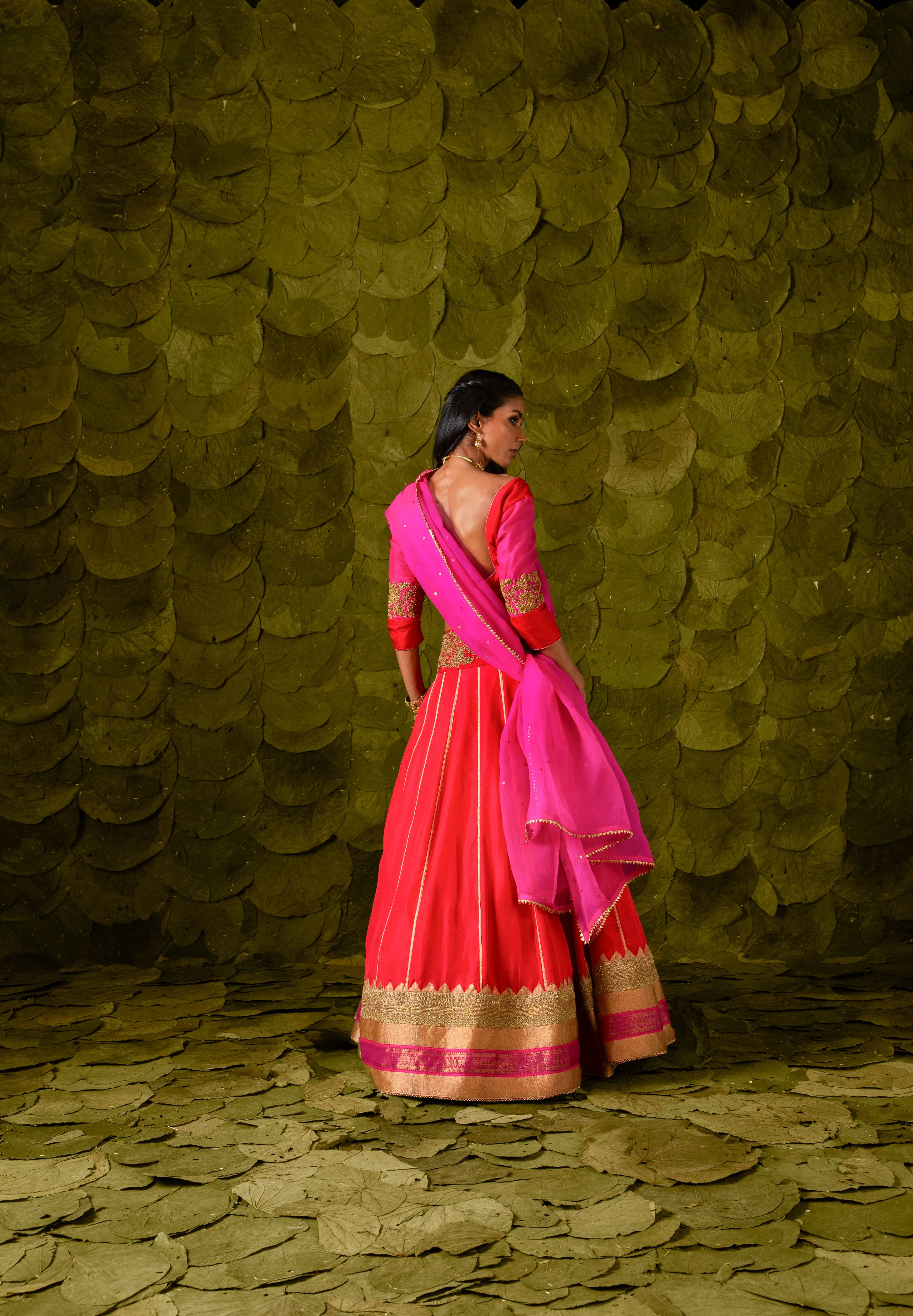 Akka (ಅಕ್ಕ) Lehenga in Shocking pink, Crimson Red and Jalapeno Red