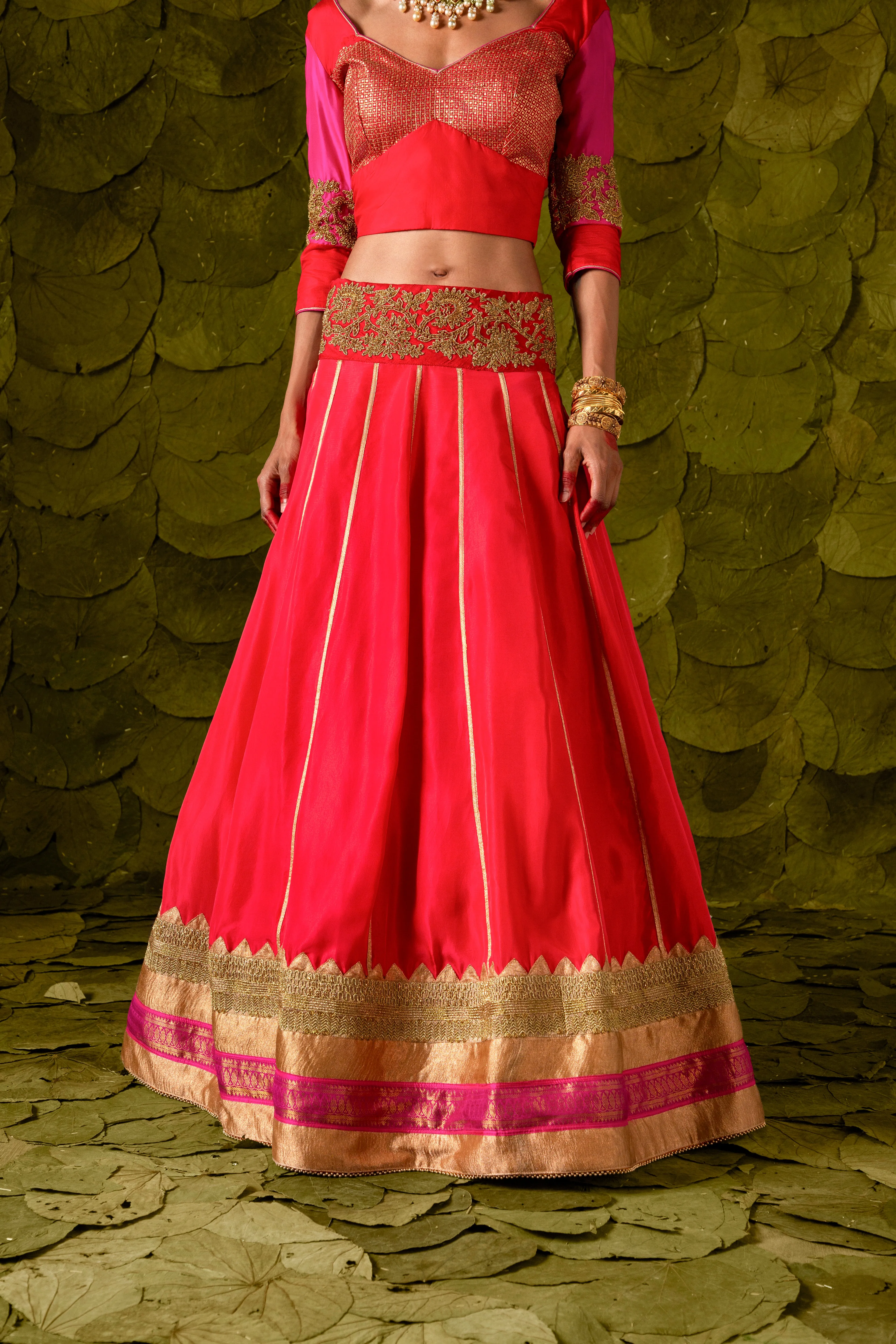 Akka (ಅಕ್ಕ) Lehenga in Shocking pink, Crimson Red and Jalapeno Red