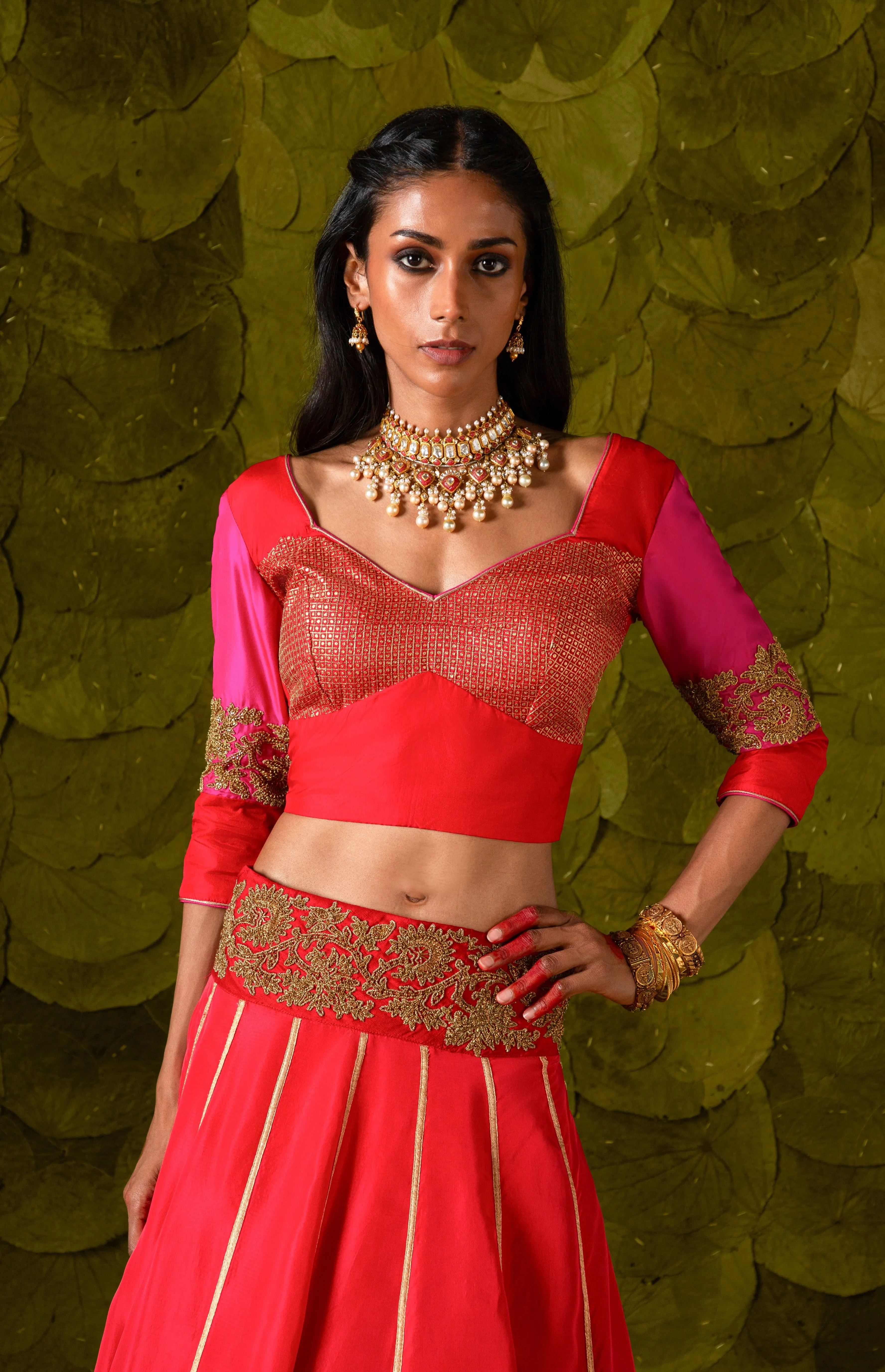 Akka (ಅಕ್ಕ) Lehenga in Shocking pink, Crimson Red and Jalapeno Red