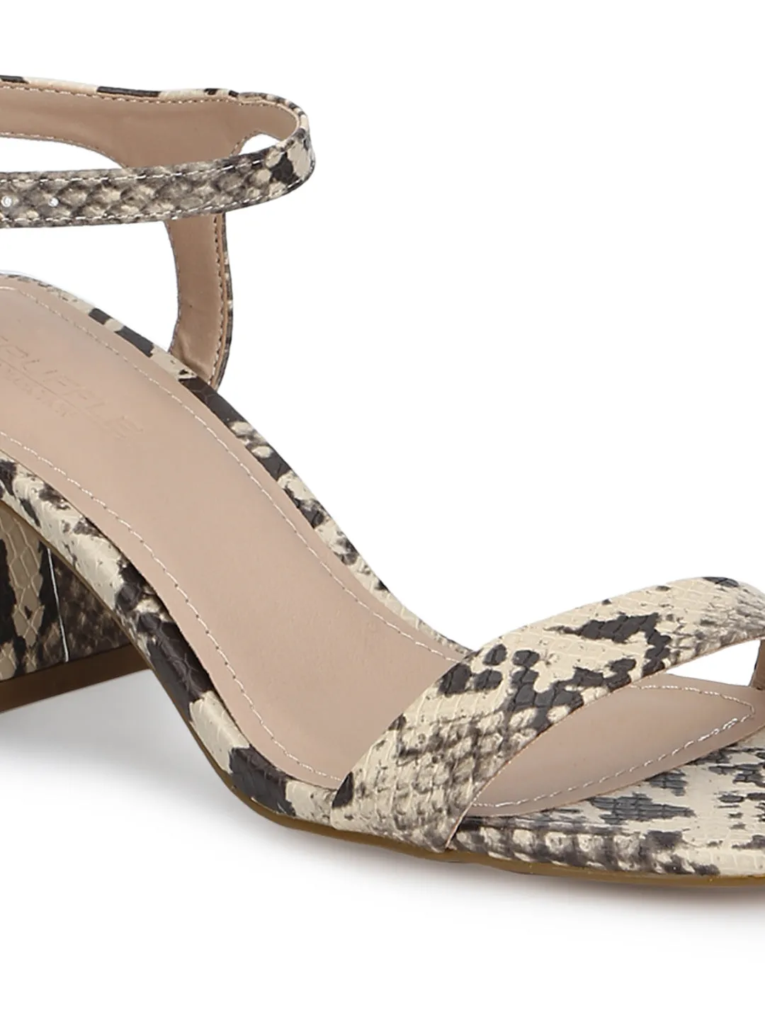 Beige Snake PU Thin Ankle Strap Low Block Heels