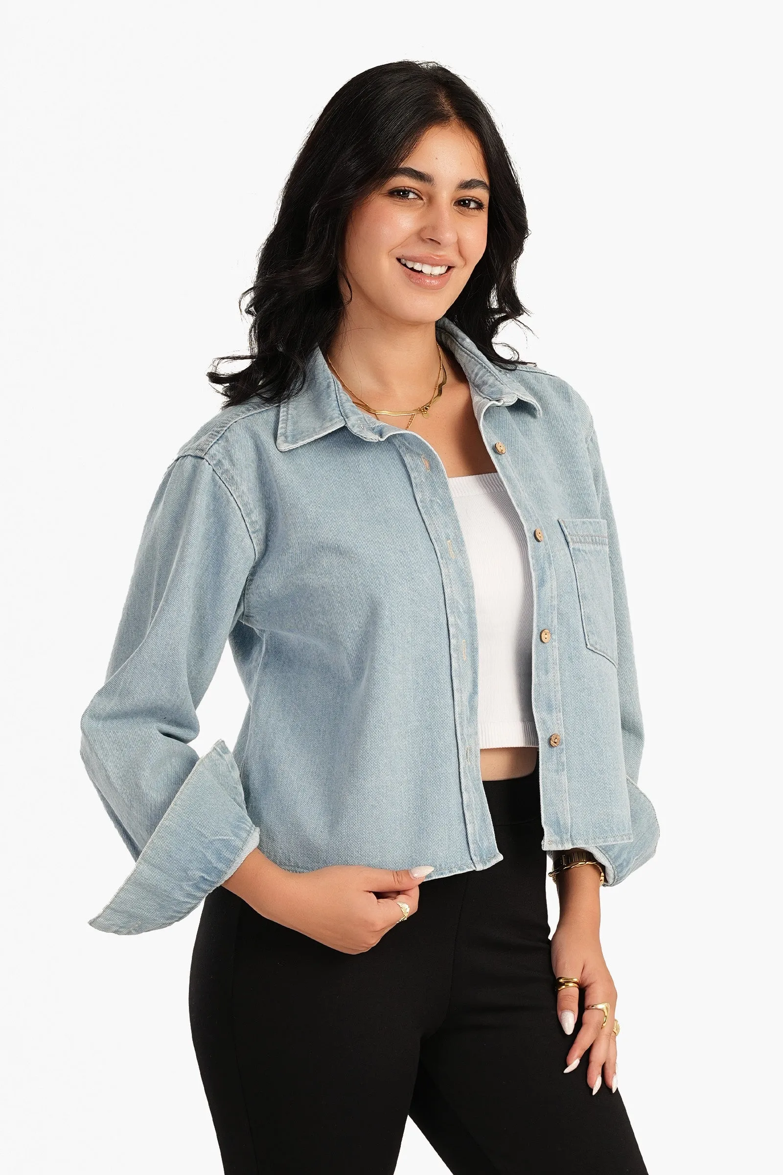 Blue Cropped Denim Shirt