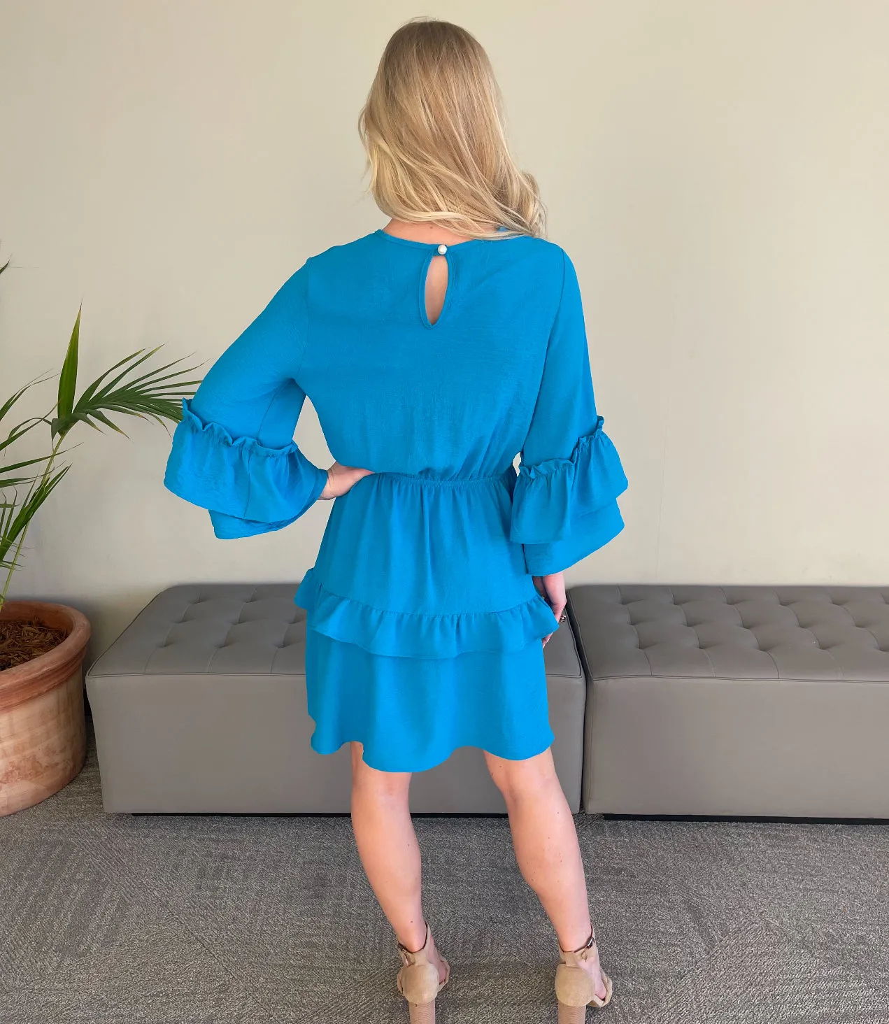 Dresses- Aqua Blue Tiered w/ Ruffled Sleeves