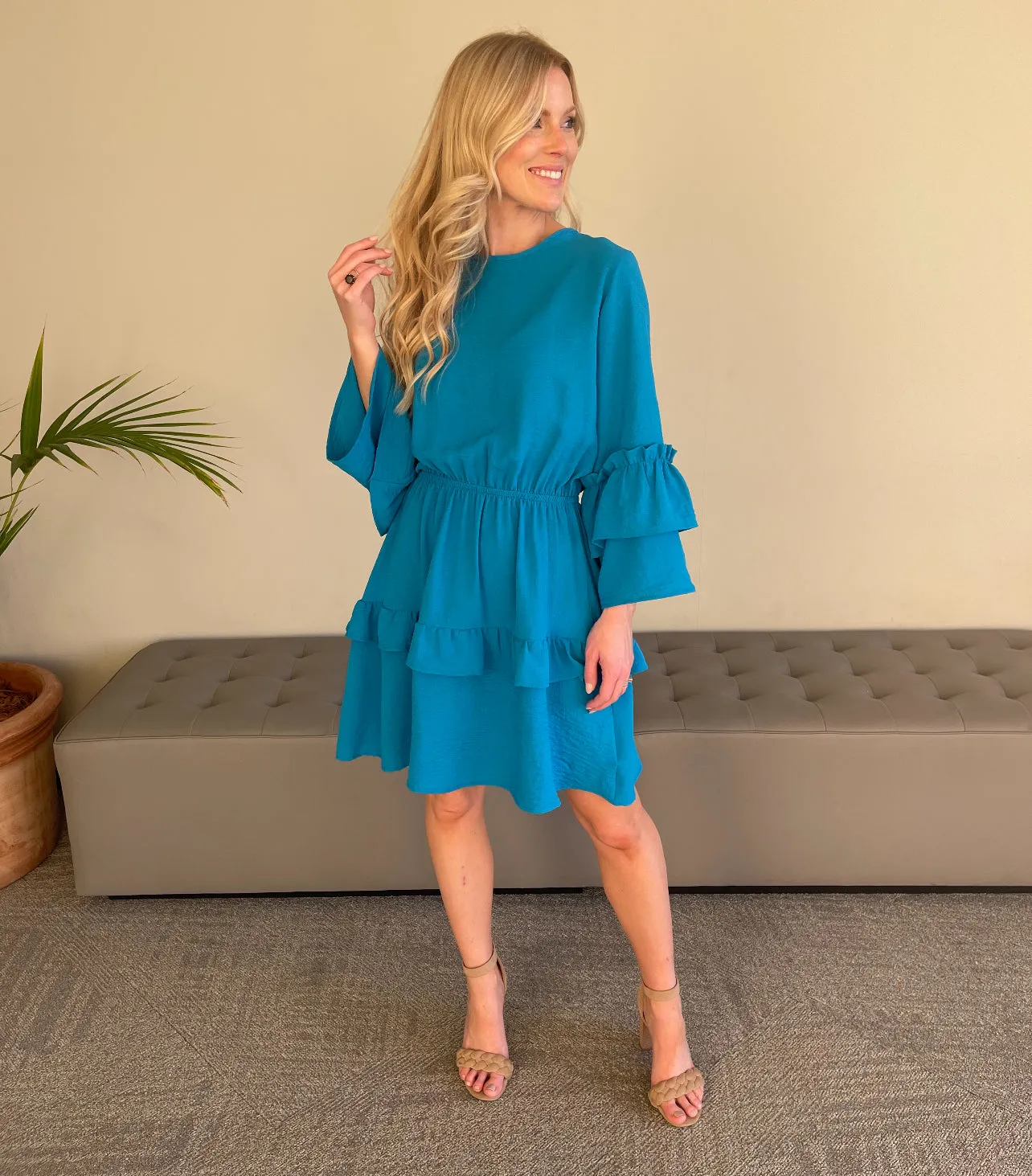 Dresses- Aqua Blue Tiered w/ Ruffled Sleeves