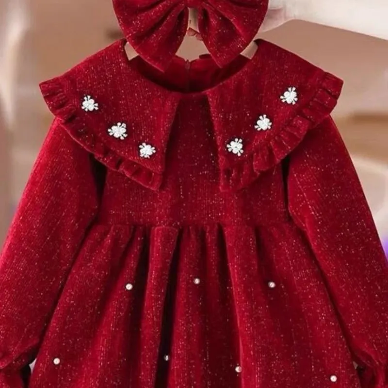 Embroidered Crimson Knee-Length Cotton Dress for Girls