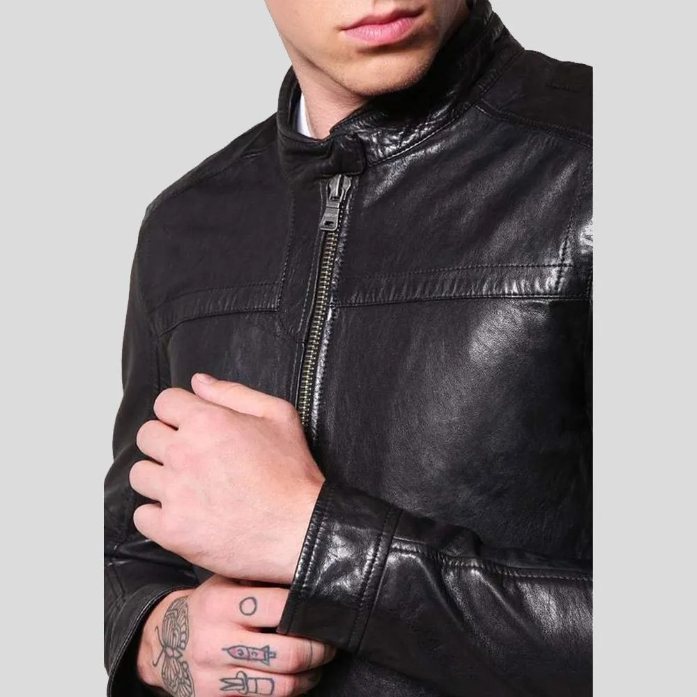 Ferd Black Slim Fit Leather Racer Jacket