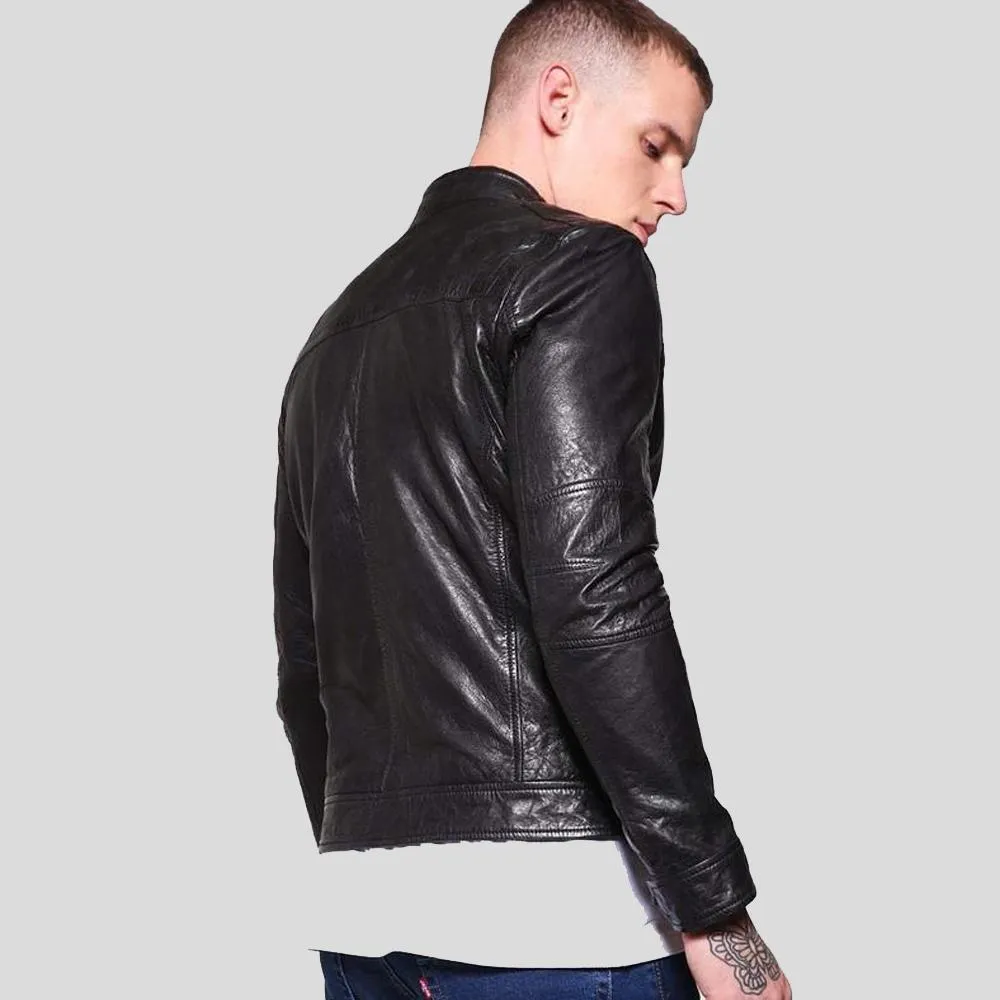 Ferd Black Slim Fit Leather Racer Jacket