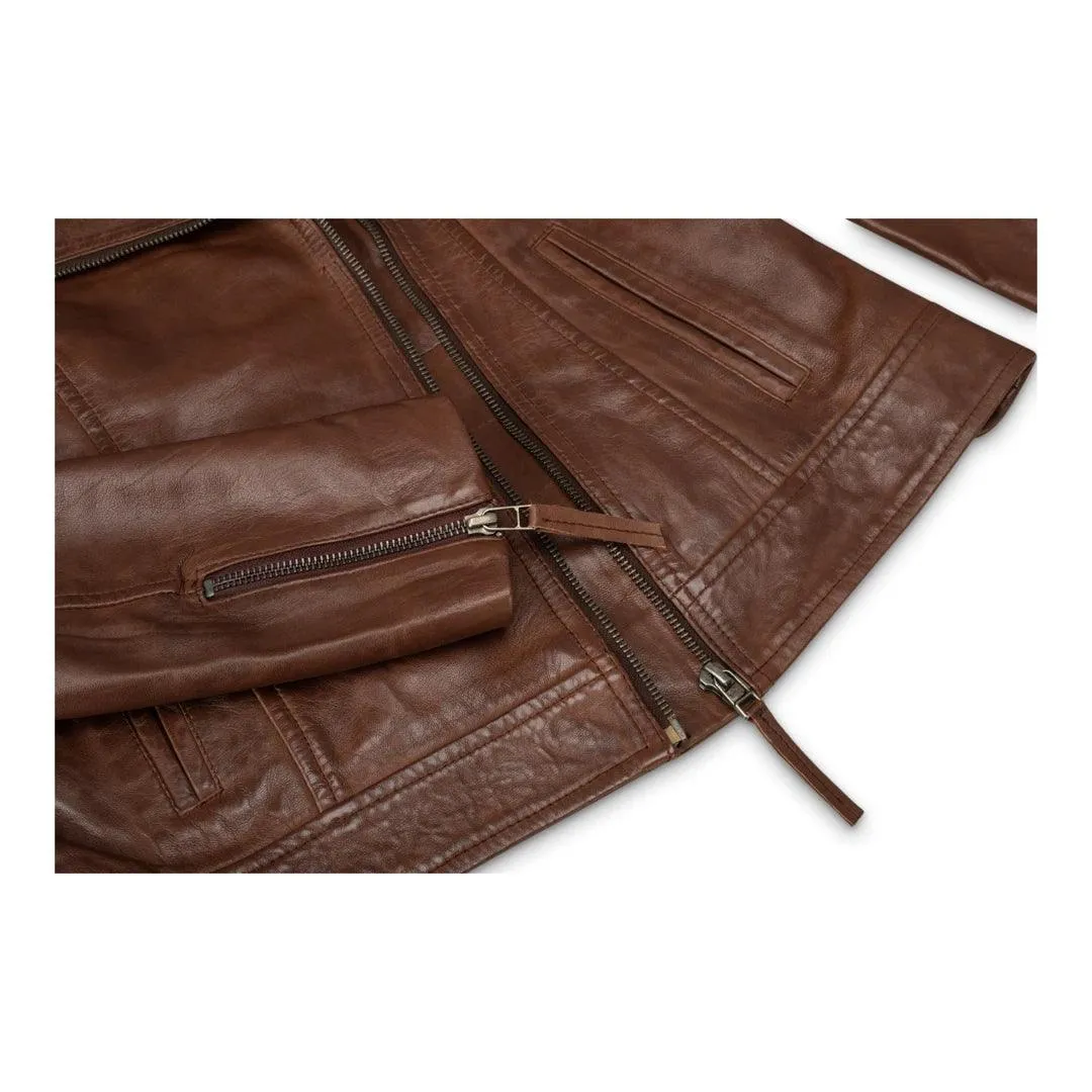 Ladies real Leather Brown Slim Fit Short Retro Leather Jacket