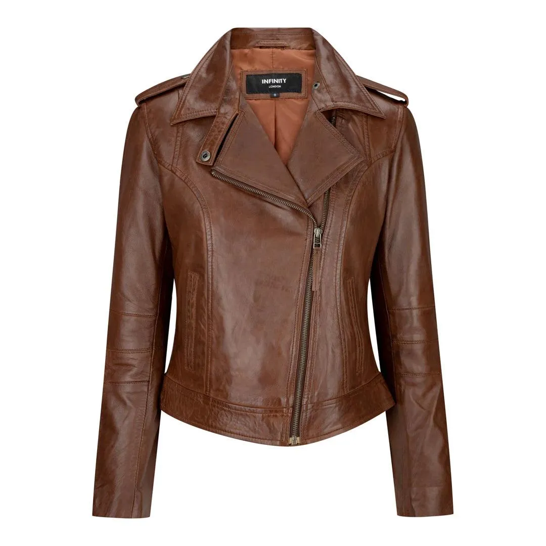 Ladies real Leather Brown Slim Fit Short Retro Leather Jacket