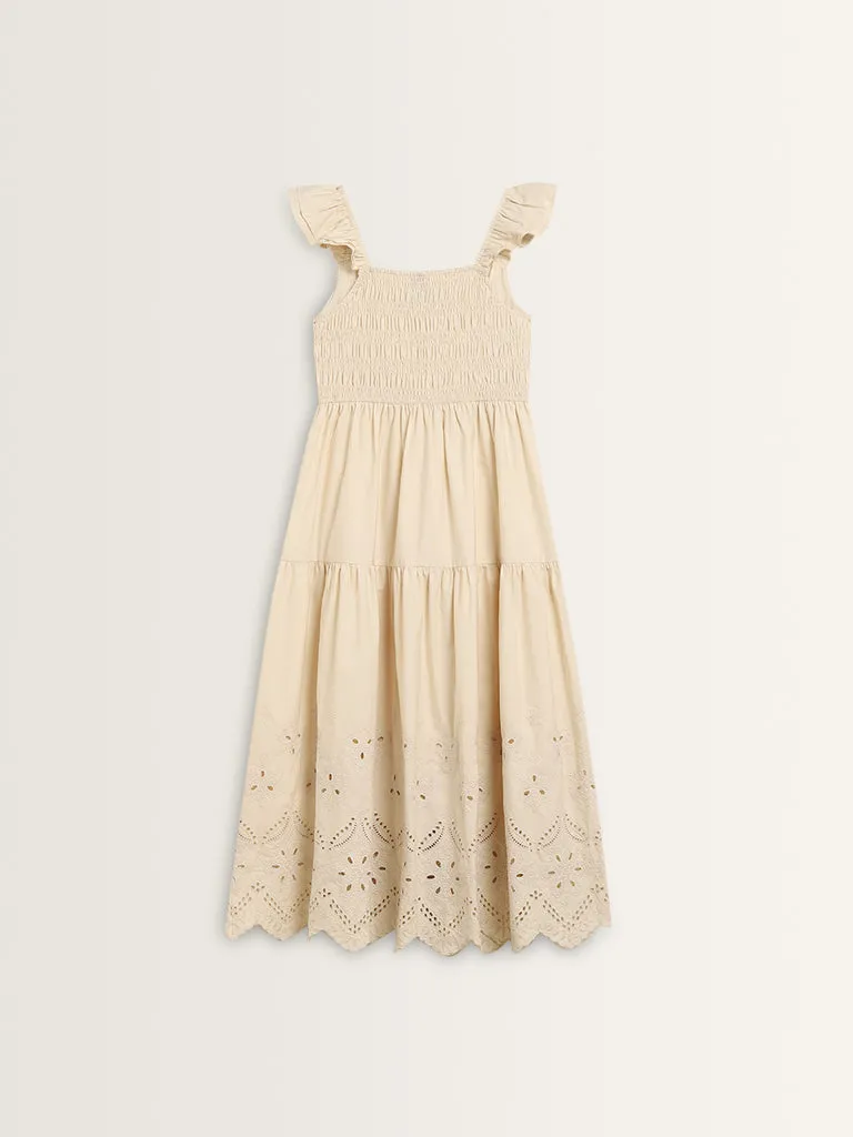 LOV Beige Schiffli Design Tiered Cotton Dress