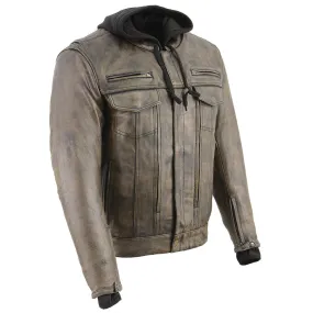 Men’s Distressed Brown Leather Utility Pocket Vented Jacket w/ Full Sleeve with Hoodie