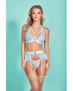 Mercedes Dross Dyed Galloon Lace Strappy Halter Bra, Garter Skirt & G-String Light Blue SM