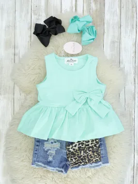 Mint Bow Tank & Distressed Leopard Denim Outfit