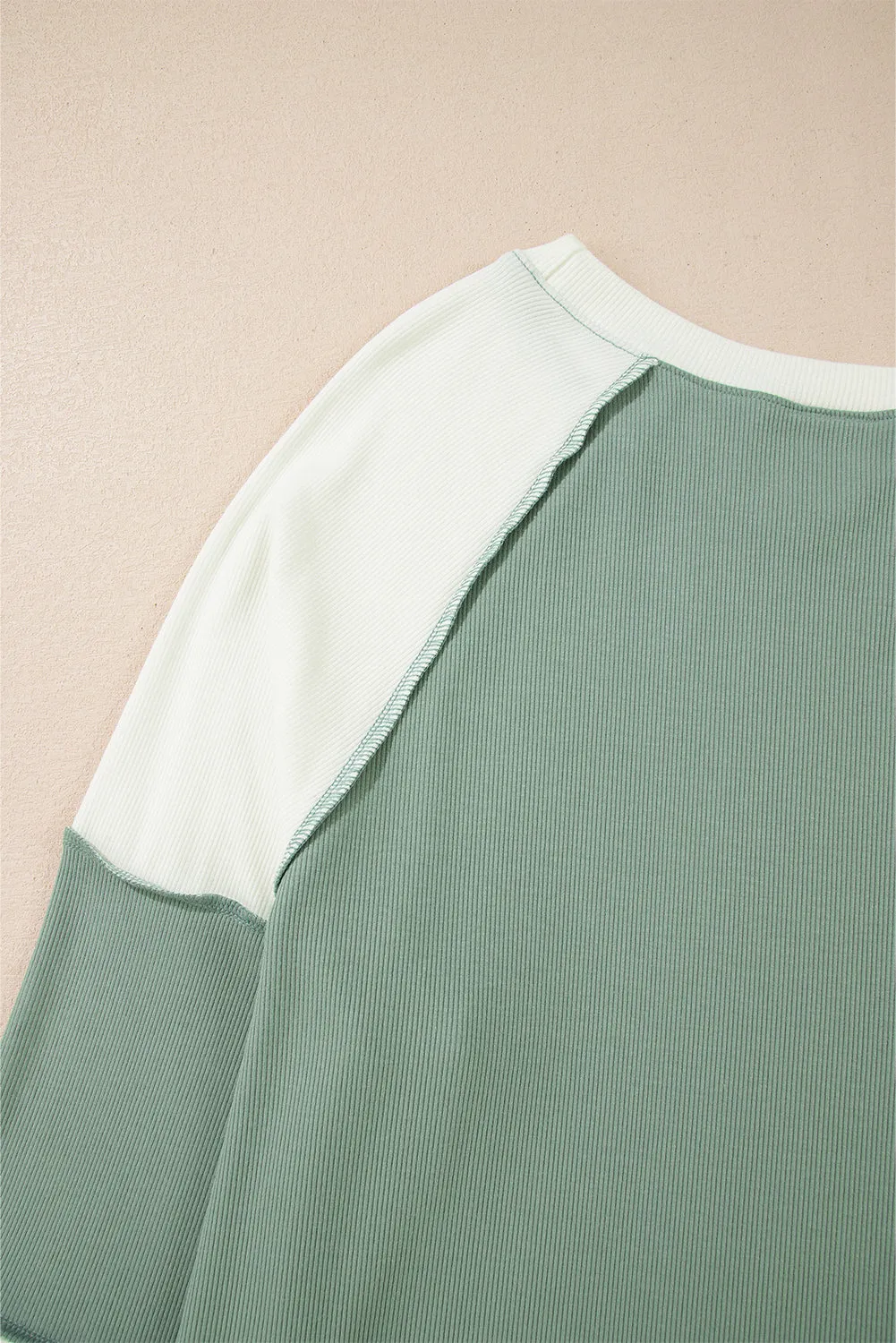 Mint Green Ribbed Colorblock Patchwork Raglan Long Sleeve Top