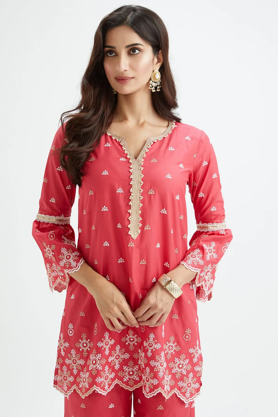 Mulmul Cotton Dove Red Kurta With Dove Red Sharara