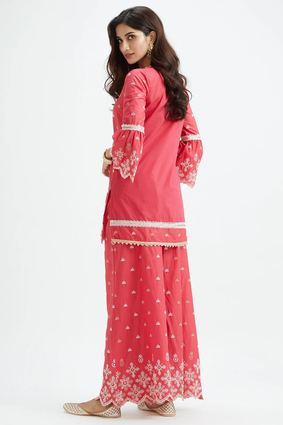 Mulmul Cotton Dove Red Kurta With Dove Red Sharara