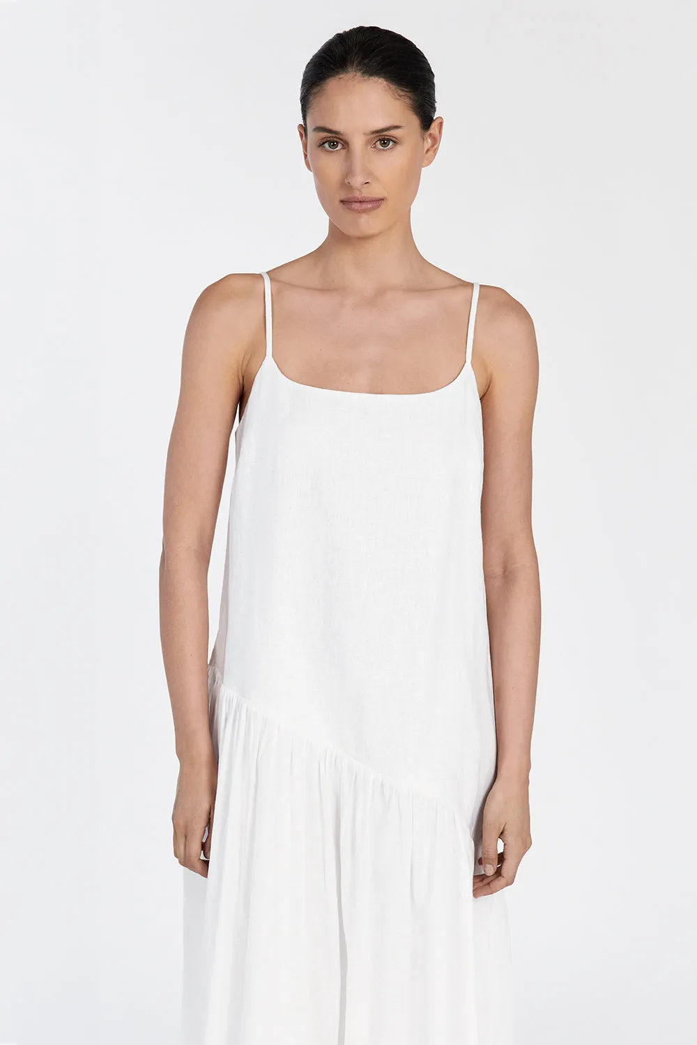 NOAH WHITE LINEN ASYM MIDI DRESS