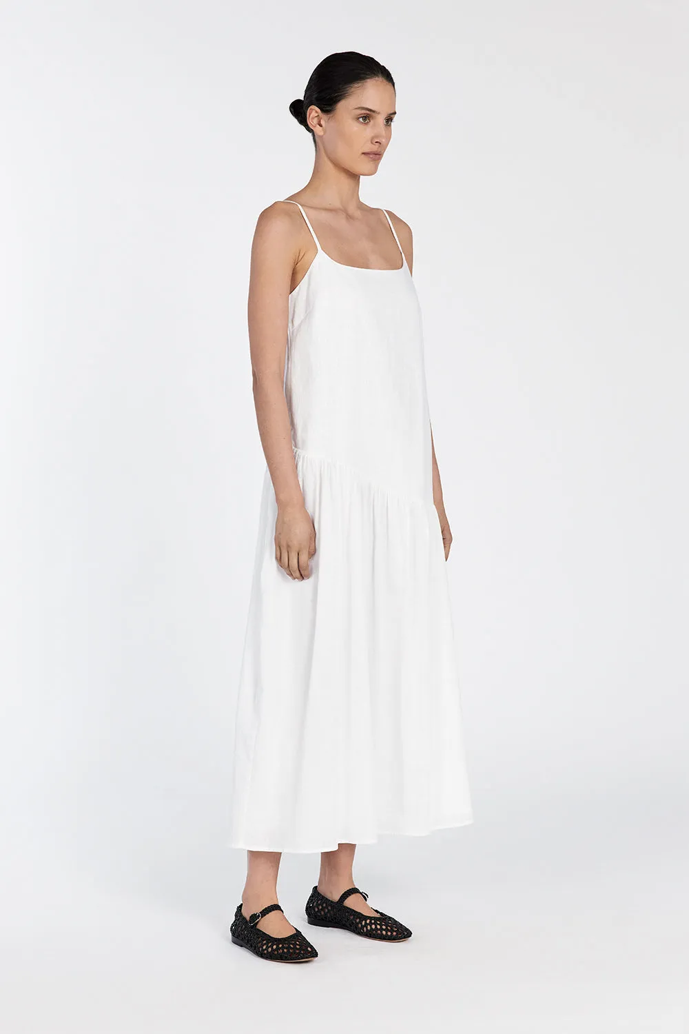 NOAH WHITE LINEN ASYM MIDI DRESS