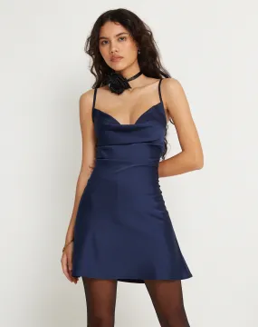 Perdita Mini Dress in Satin Midnight Blue