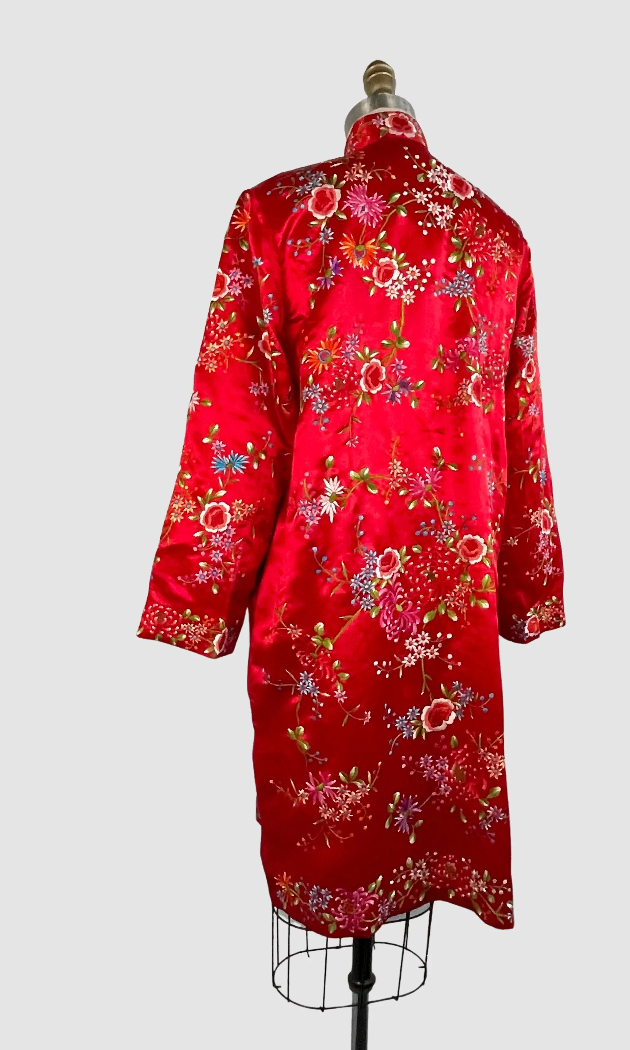 PLUM BLOSSOMS 70s Red Silk Satin Embroidered Asian Coat, Size Small