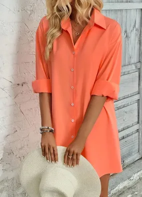 Tangerine  Solid Button Front Long Sleeve Blouse