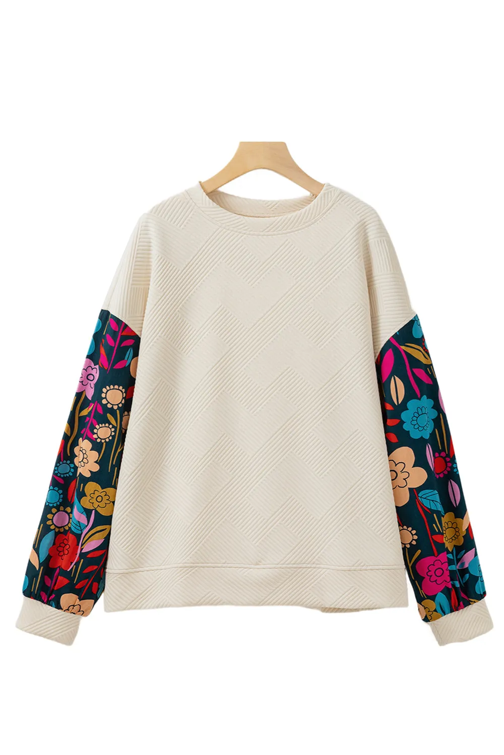 White Floral Patchwork Sleeve Textured Plus Size Pullover Top