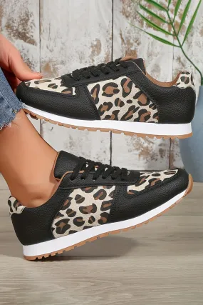 Women Shoes Casual Leopard PU Patchwork Lace up Sneakers